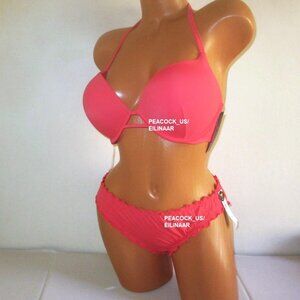 38DD/XL VICTORIA SECRET Bombshell Push Up Top Bikini +2 Cup Ruffle Cheeky Coral
